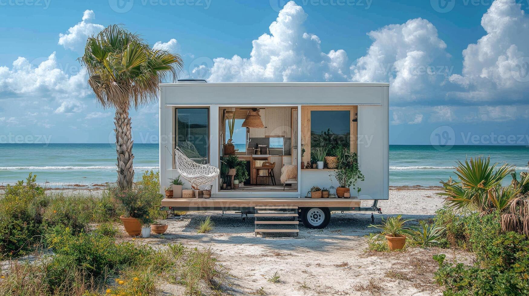Modern tiny house on wheels parked by the sea offering tranquility and scenic views photo