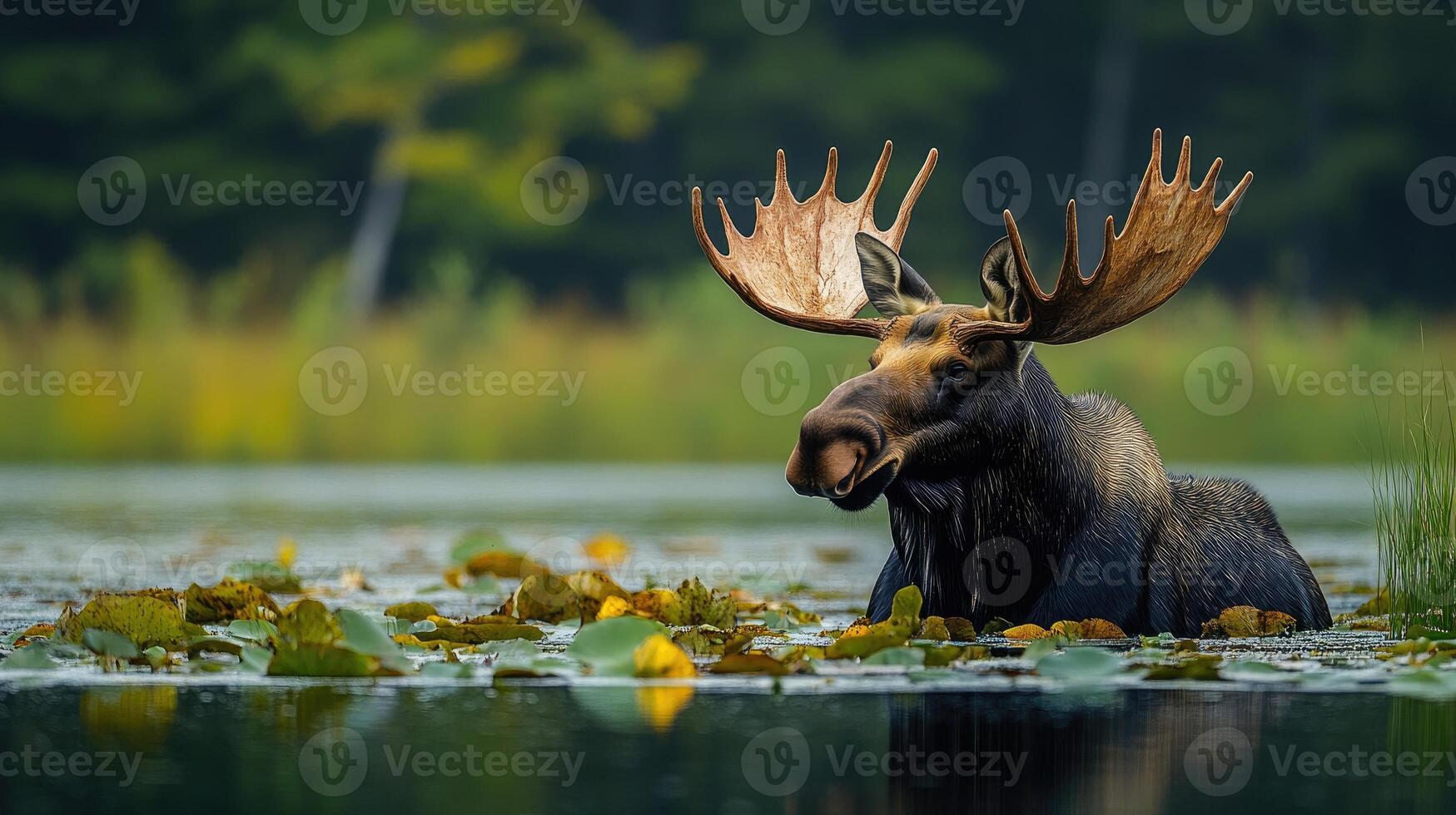 Large bull moose standing in water with lily pads photo