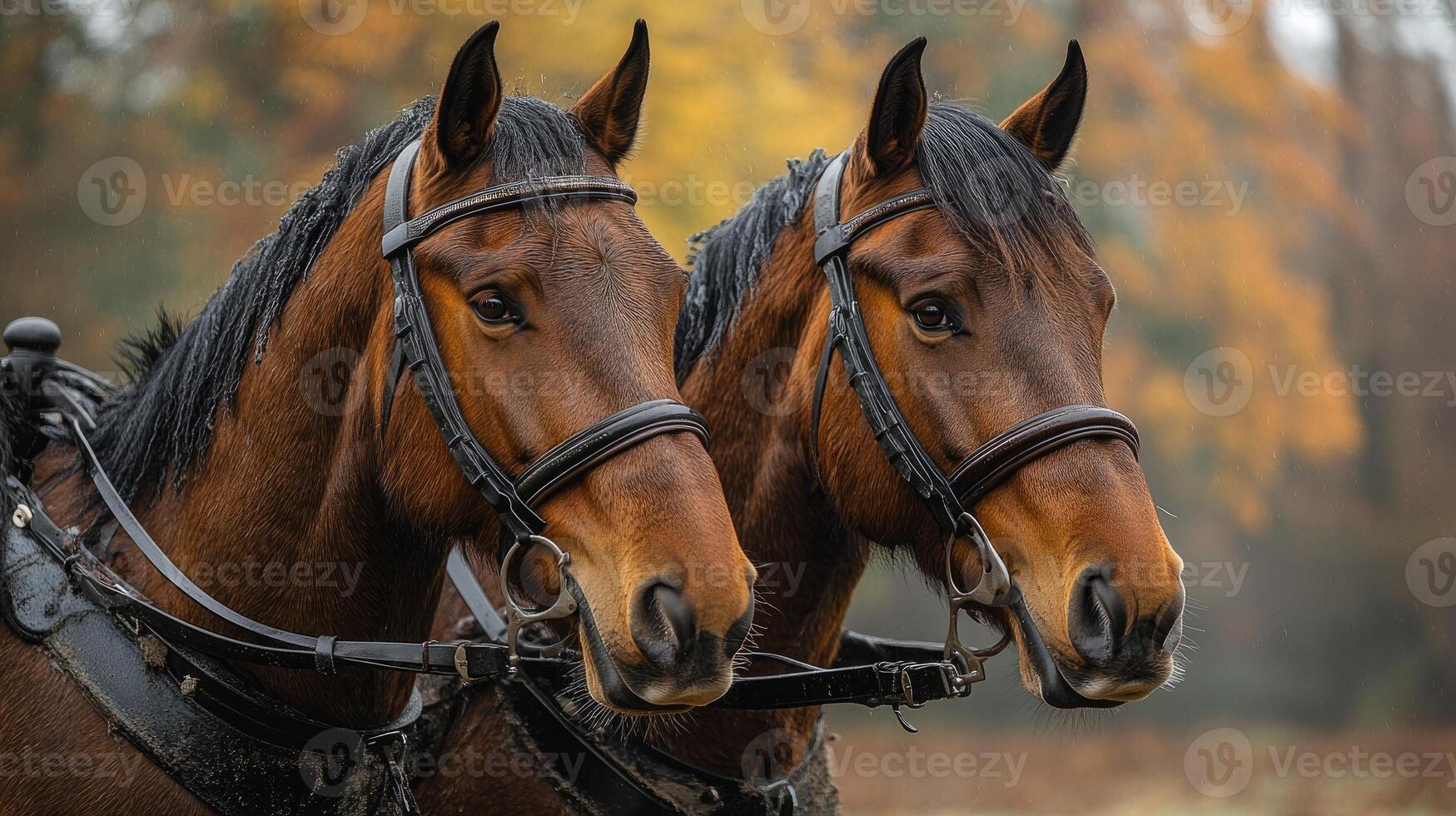 Two powerful brown horses wearing harnesses standing on farm photo