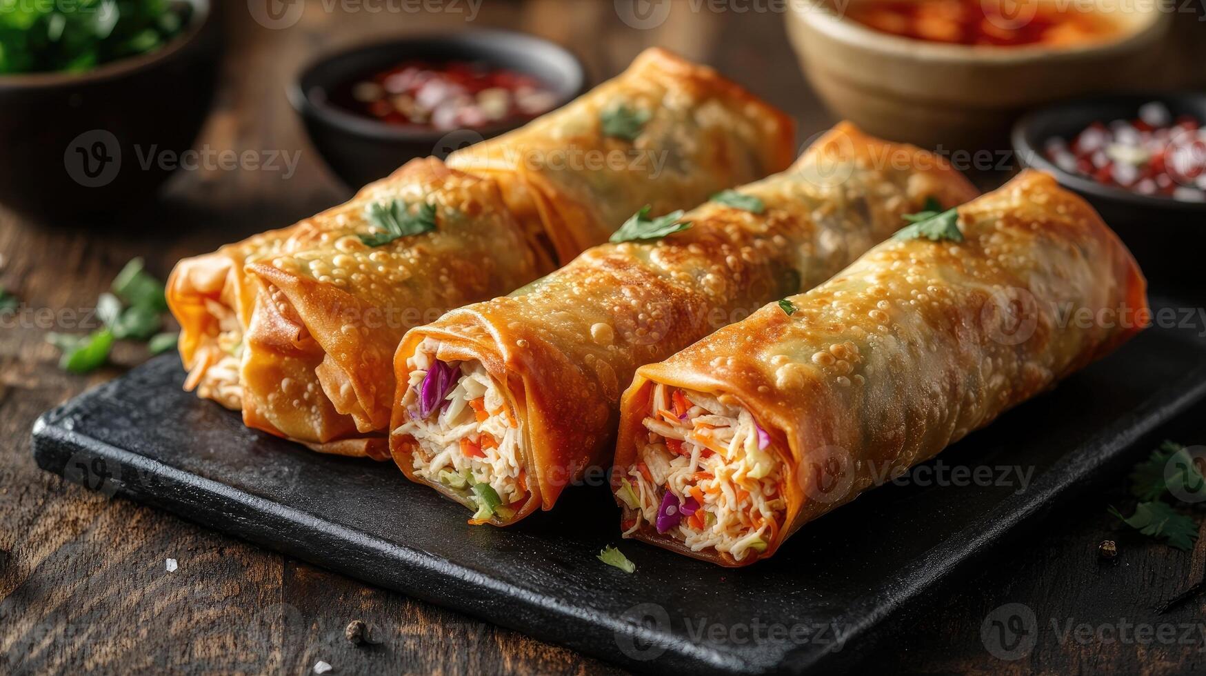 Crispy spring rolls filled with vegetables and chicken lying on a slate platter photo