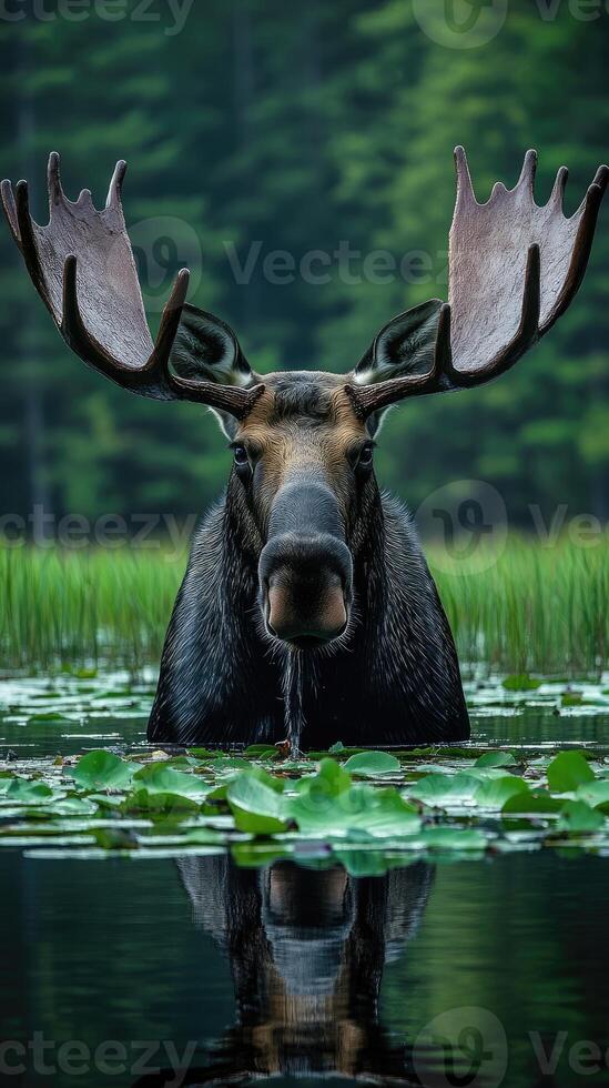 Large bull moose standing in water with lily pads photo