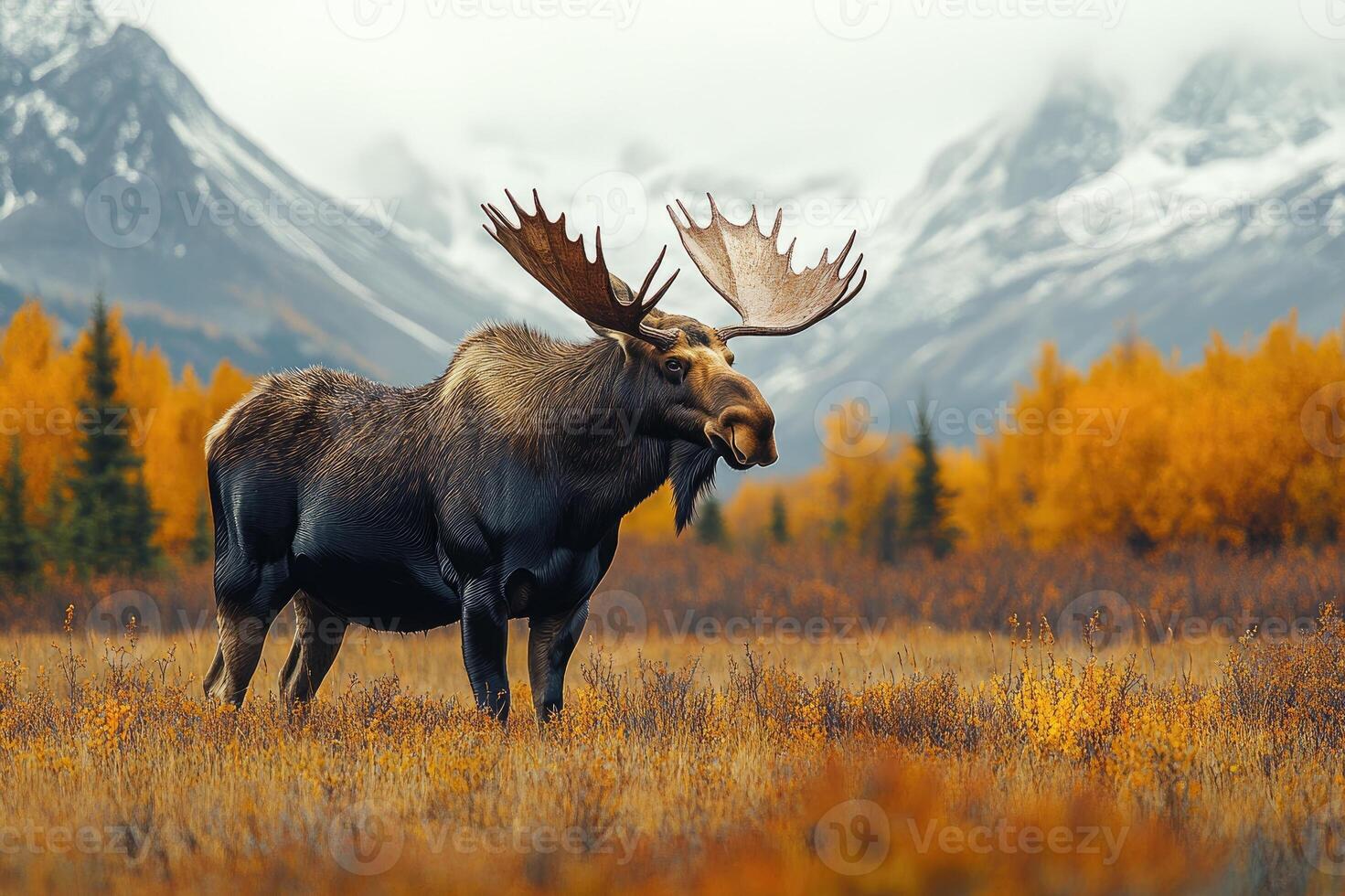 Large bull moose standing in a field with mountains in the background photo