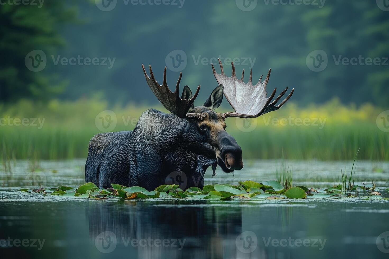 Large bull moose standing in water with lily pads photo