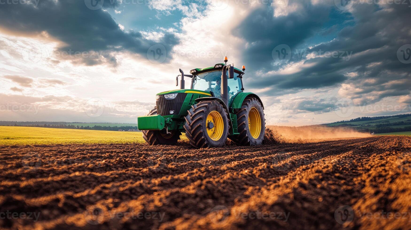 Farmer driving modern tractor plowing red dirt field for sowing photo