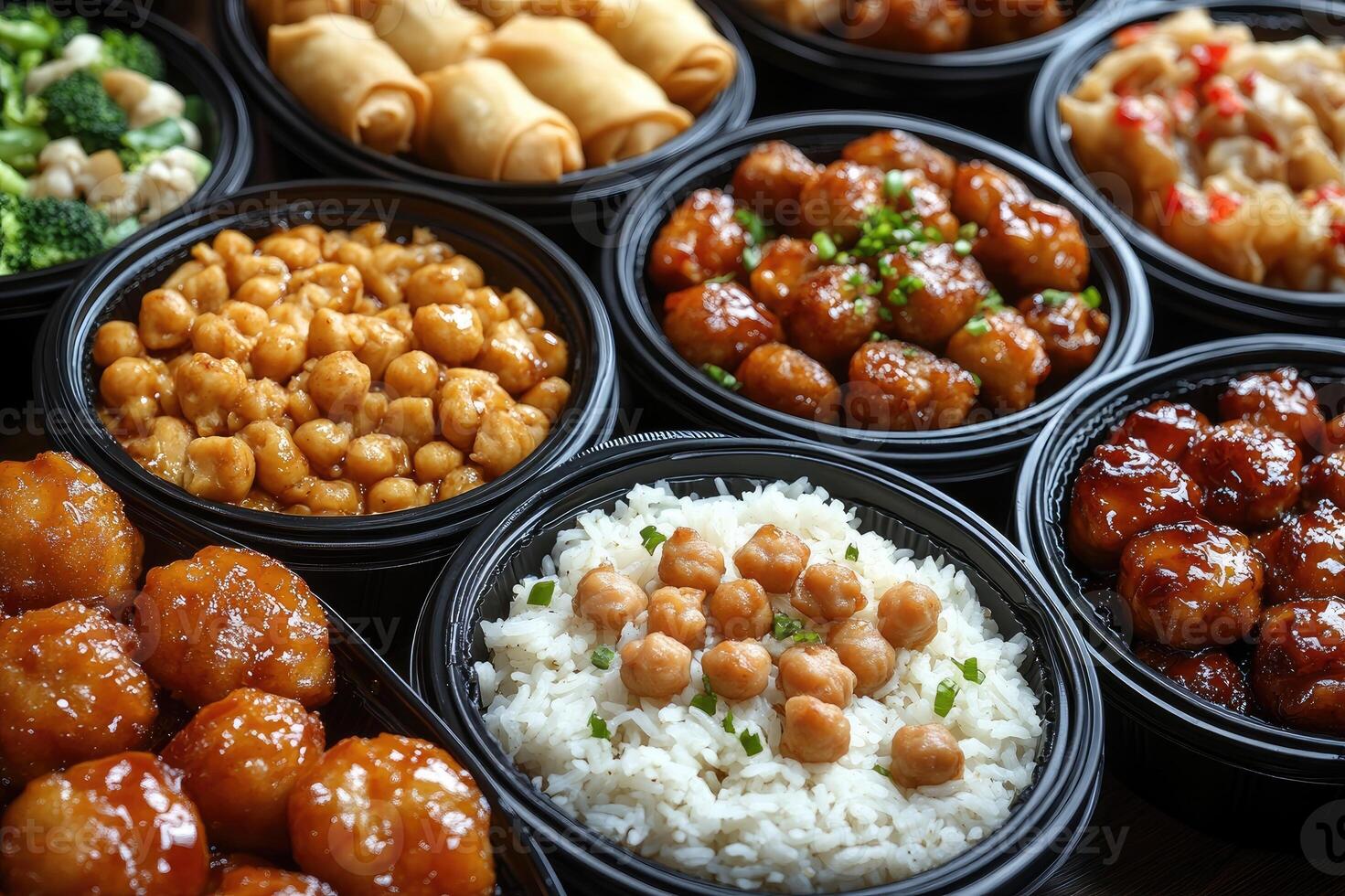 abastecimiento concepto presentación variado asiático comida en tomar lejos cajas foto