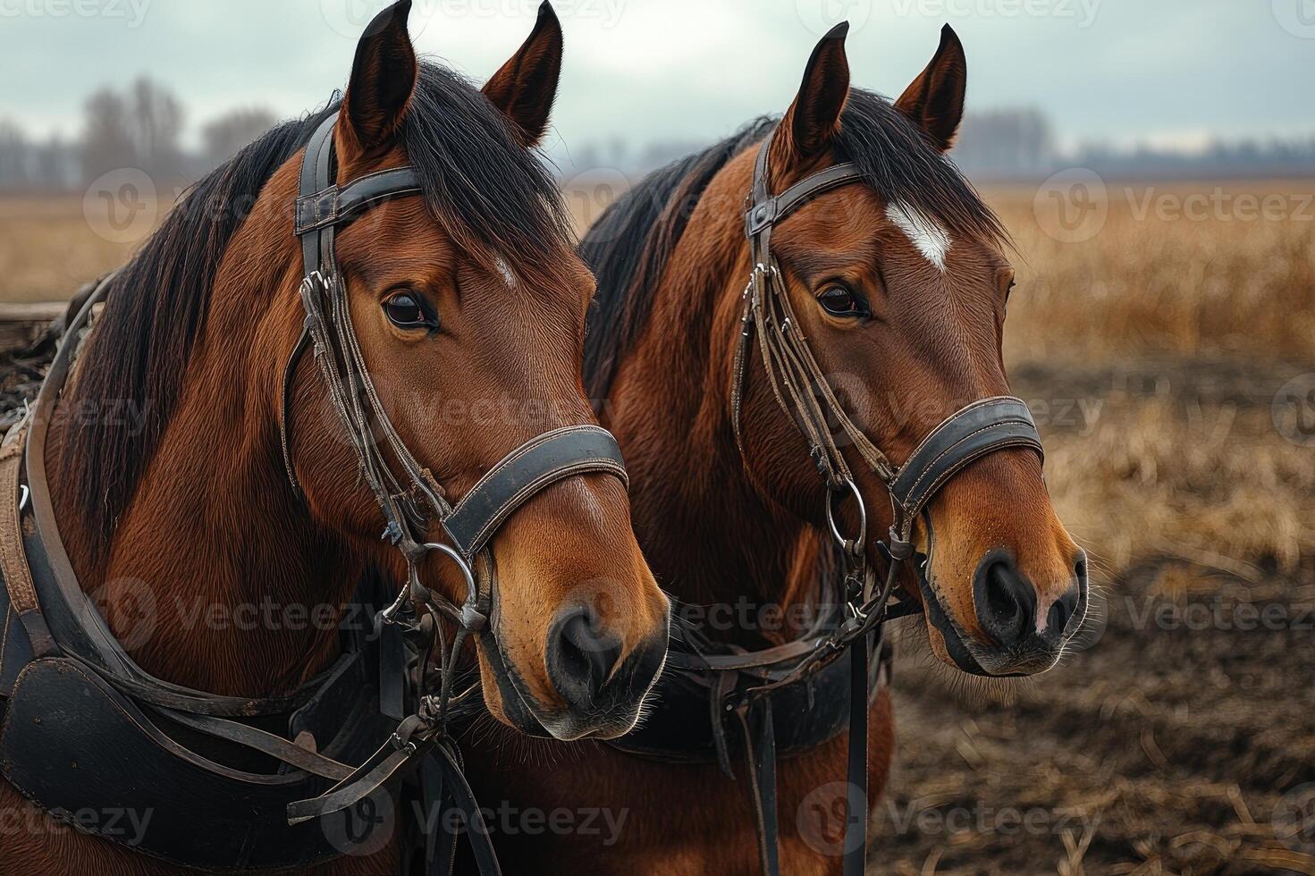 Two powerful brown horses wearing harnesses standing on farm photo