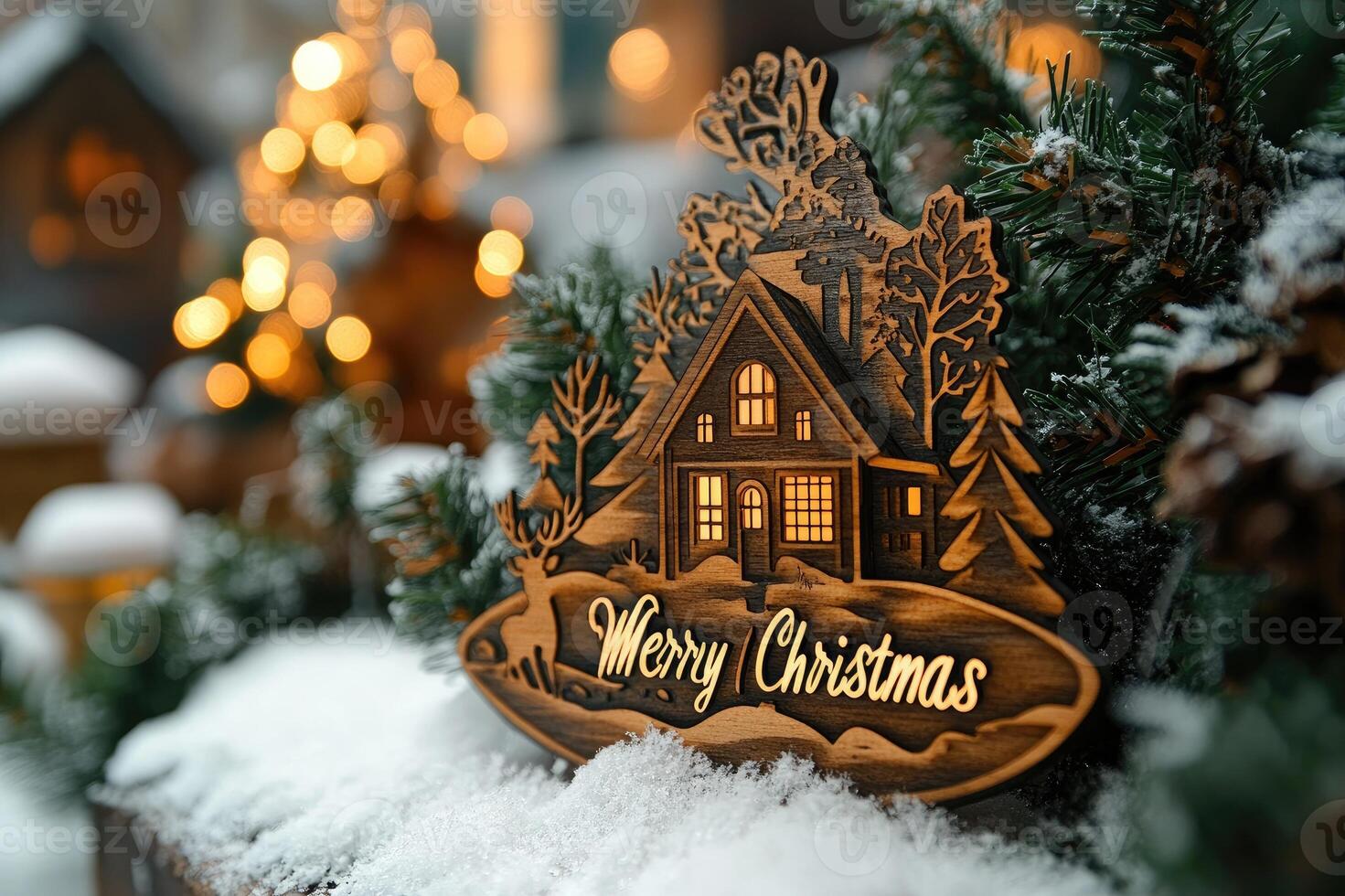 Beautiful handmade wooden christmas ornament hanging in front of blurry lights photo
