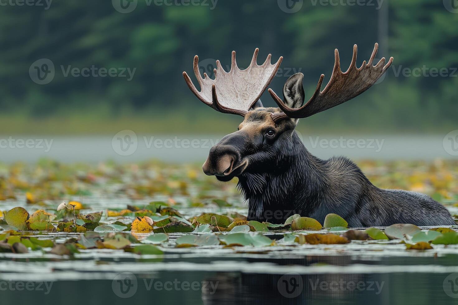 Large bull moose standing in water with lily pads photo