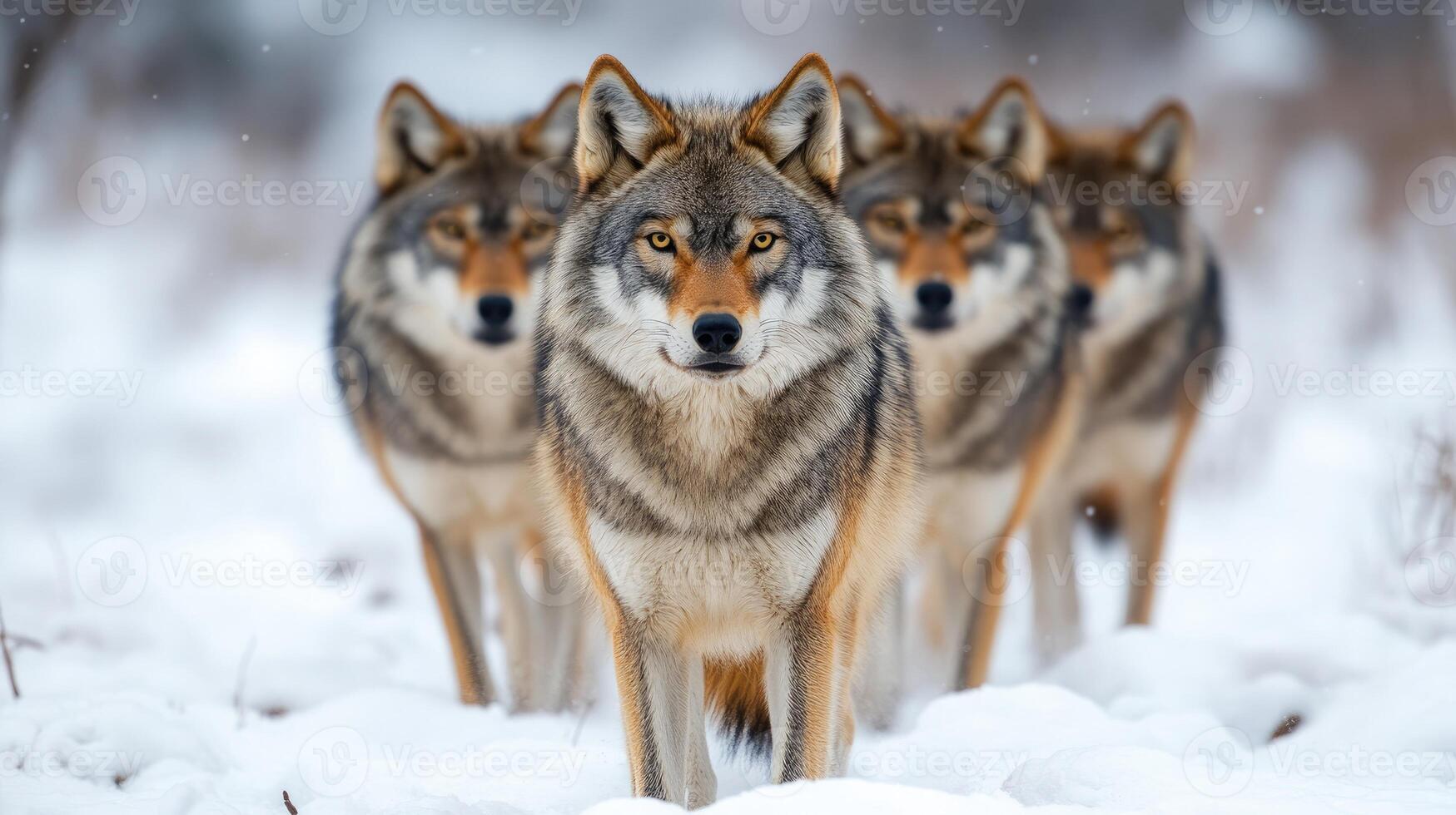 Alpha male gray wolf leading pack through snowy forest photo