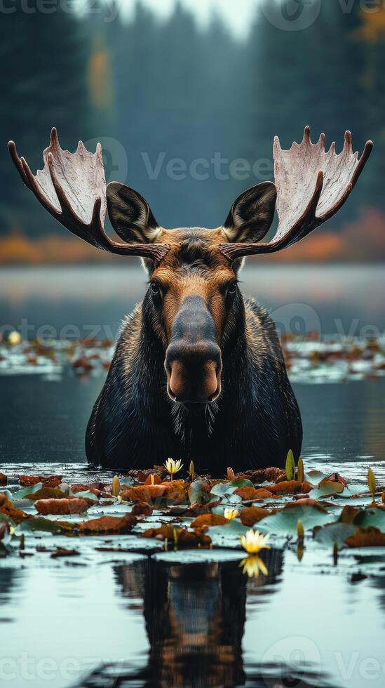 Large bull moose standing in water with lily pads photo