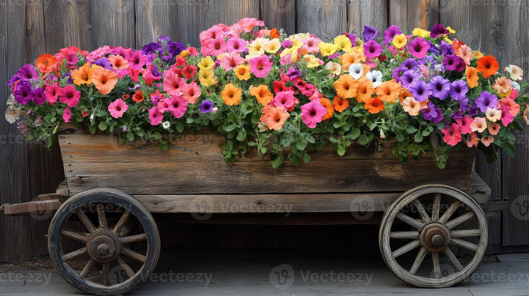 Old wooden cart overflowing with colorful petunias blooming in garden photo