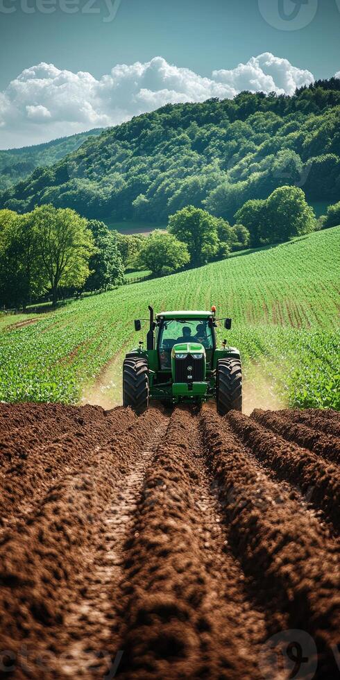 Farmer driving modern tractor plowing red dirt field for sowing photo