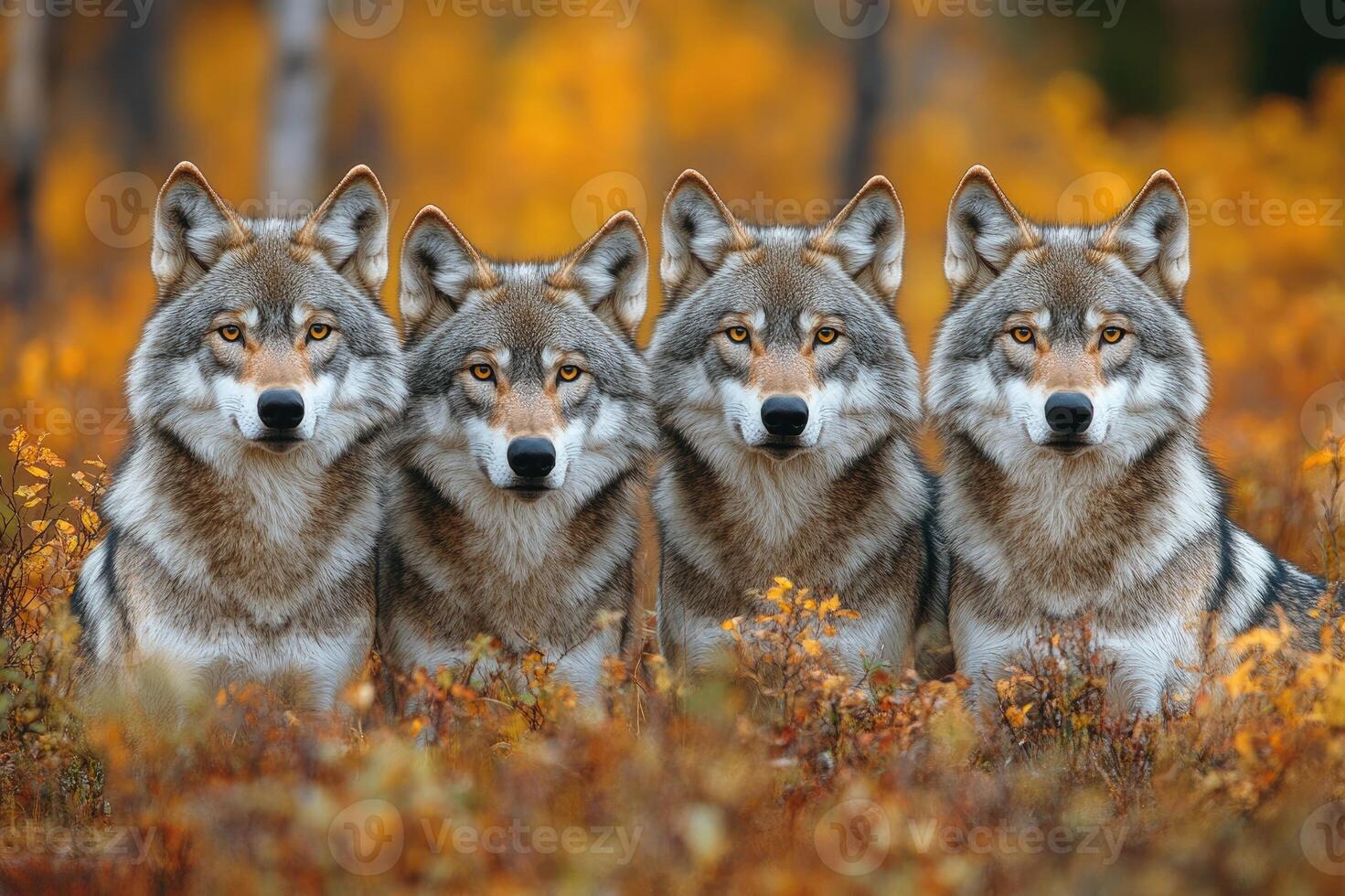 Pack of wolves staring with intense gaze photo