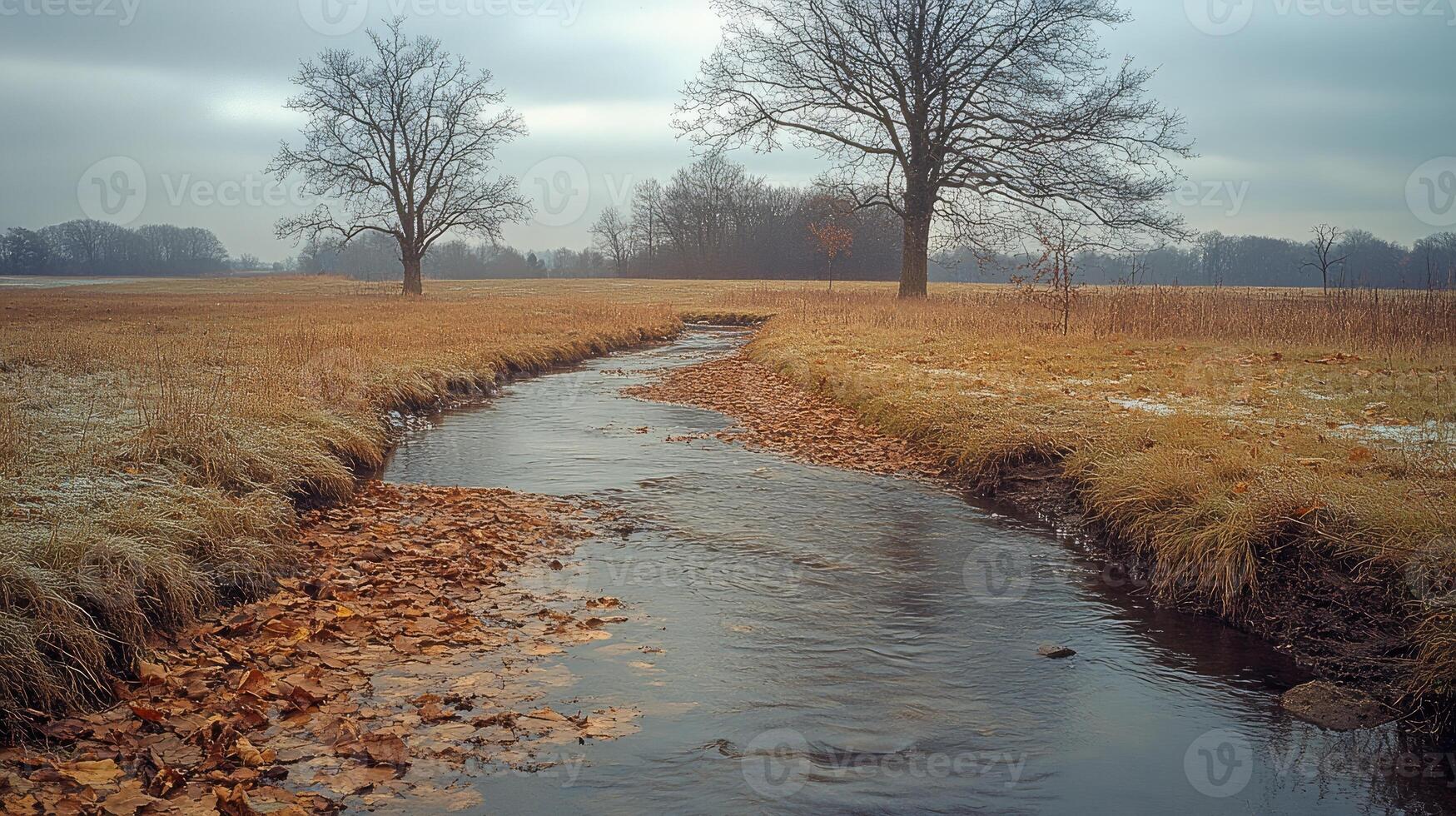 Small river flowing through colorful autumn meadow photo
