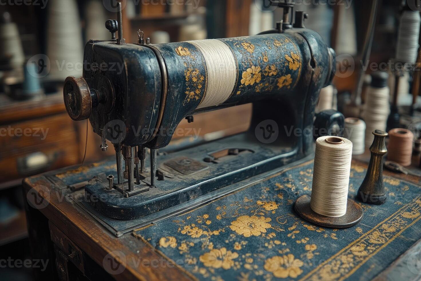 Antique sewing machine standing on wooden desk in workshop photo