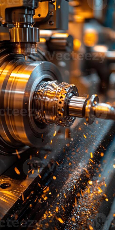 Cnc machine cutting metal, creating sparks in heavy industry photo