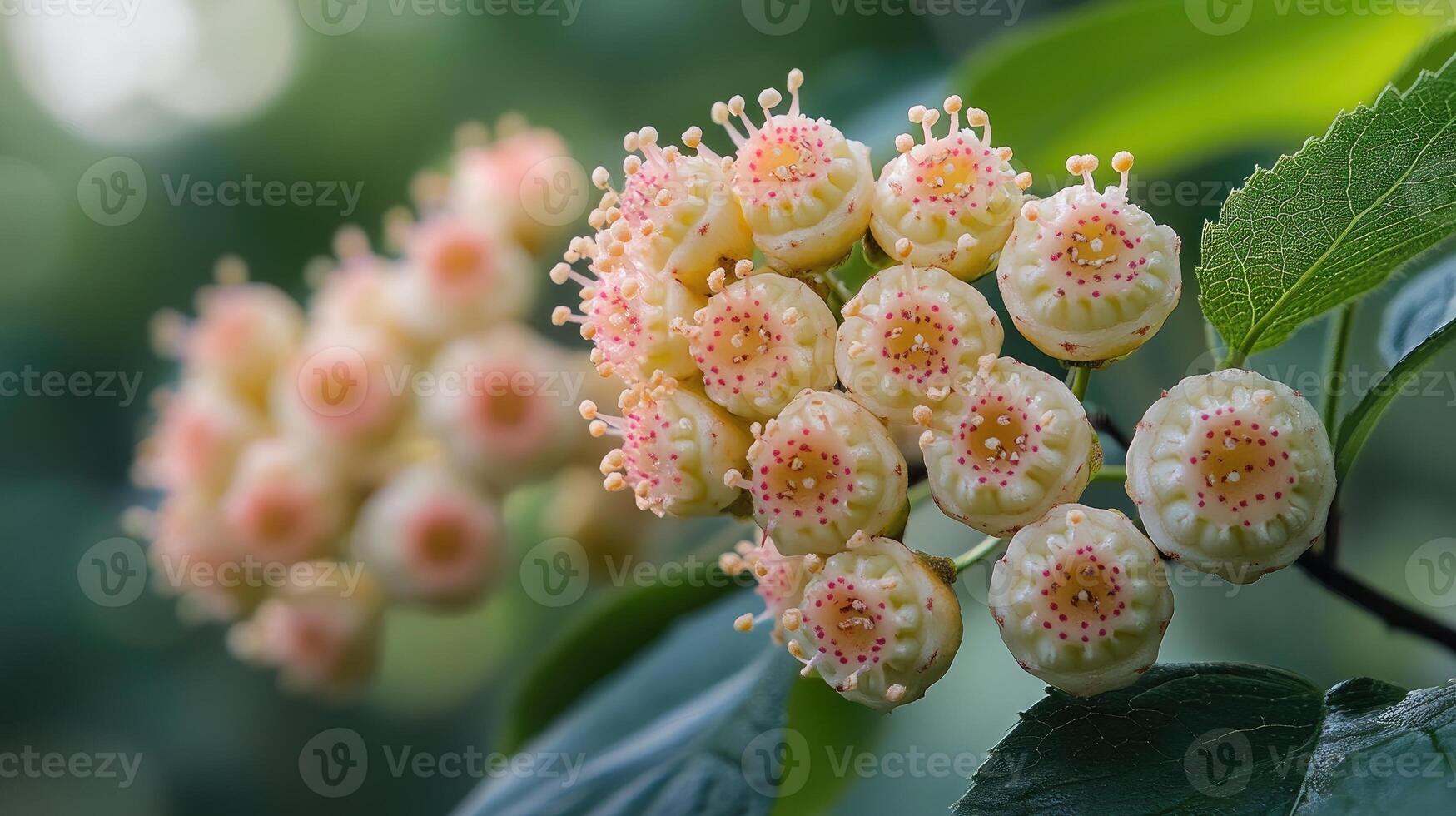 Branch of a blooming japanese quince showing multiple pink flowers photo