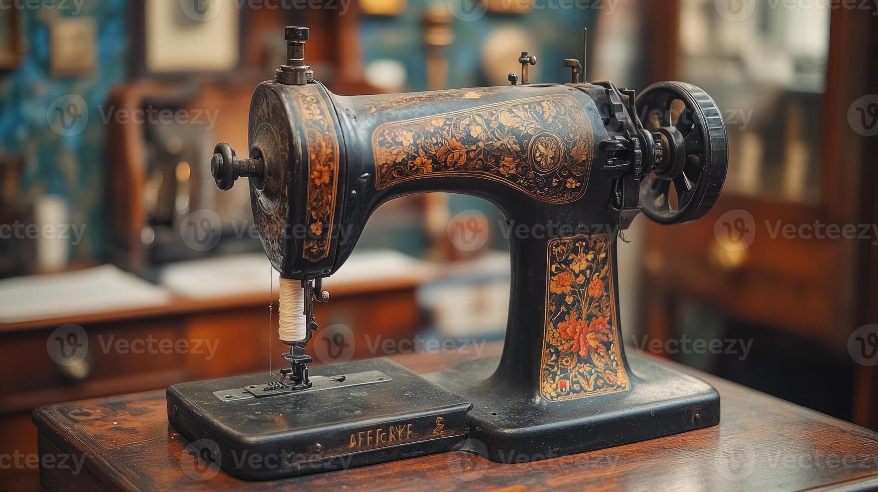 Antique sewing machine standing on wooden desk in workshop photo