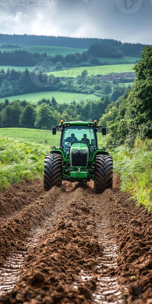 Farmer driving modern tractor plowing red dirt field for sowing photo