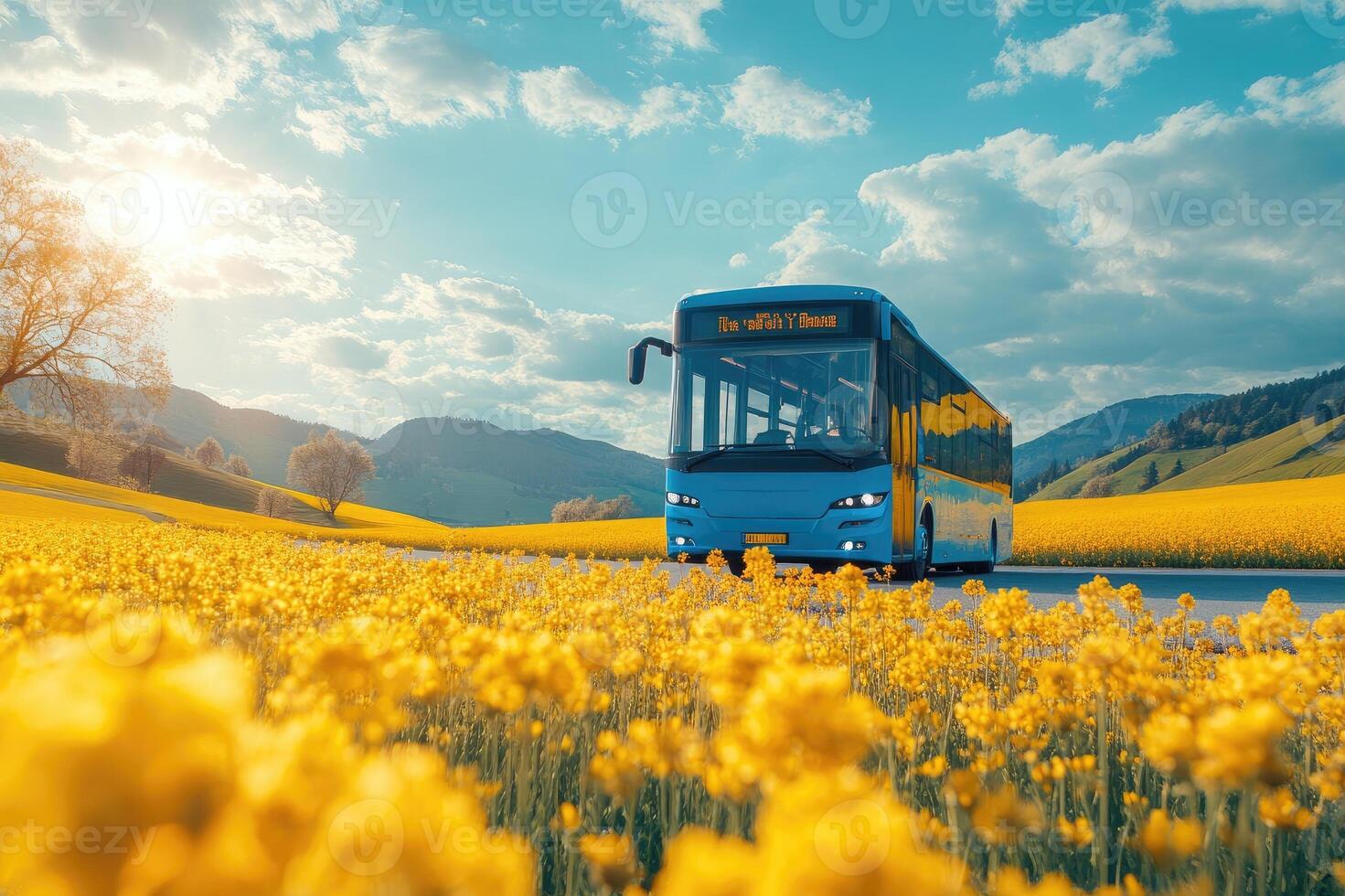 Blue bus driving through countryside road surrounded by yellow flowers photo