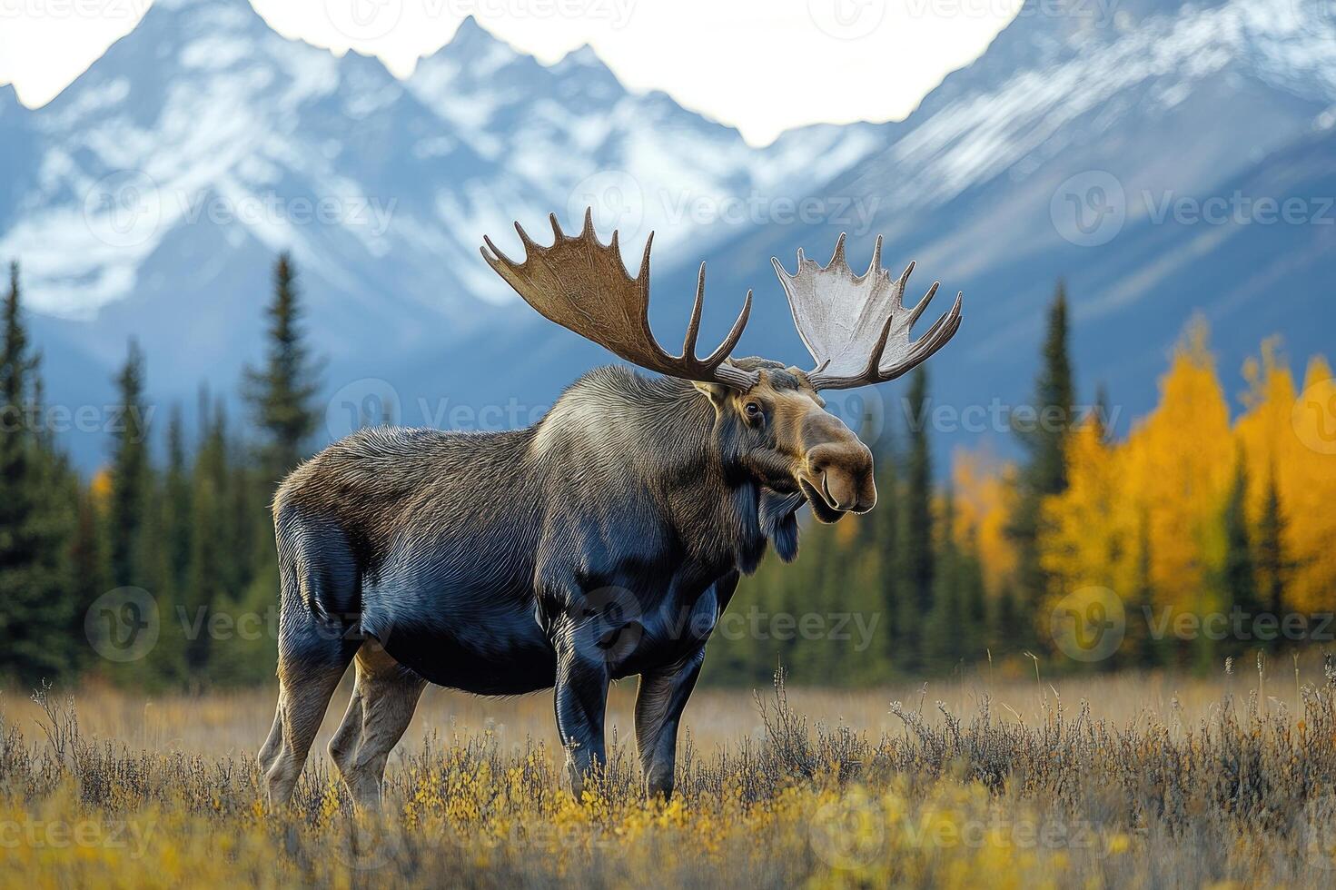 Large bull moose standing in a field with mountains in the background photo