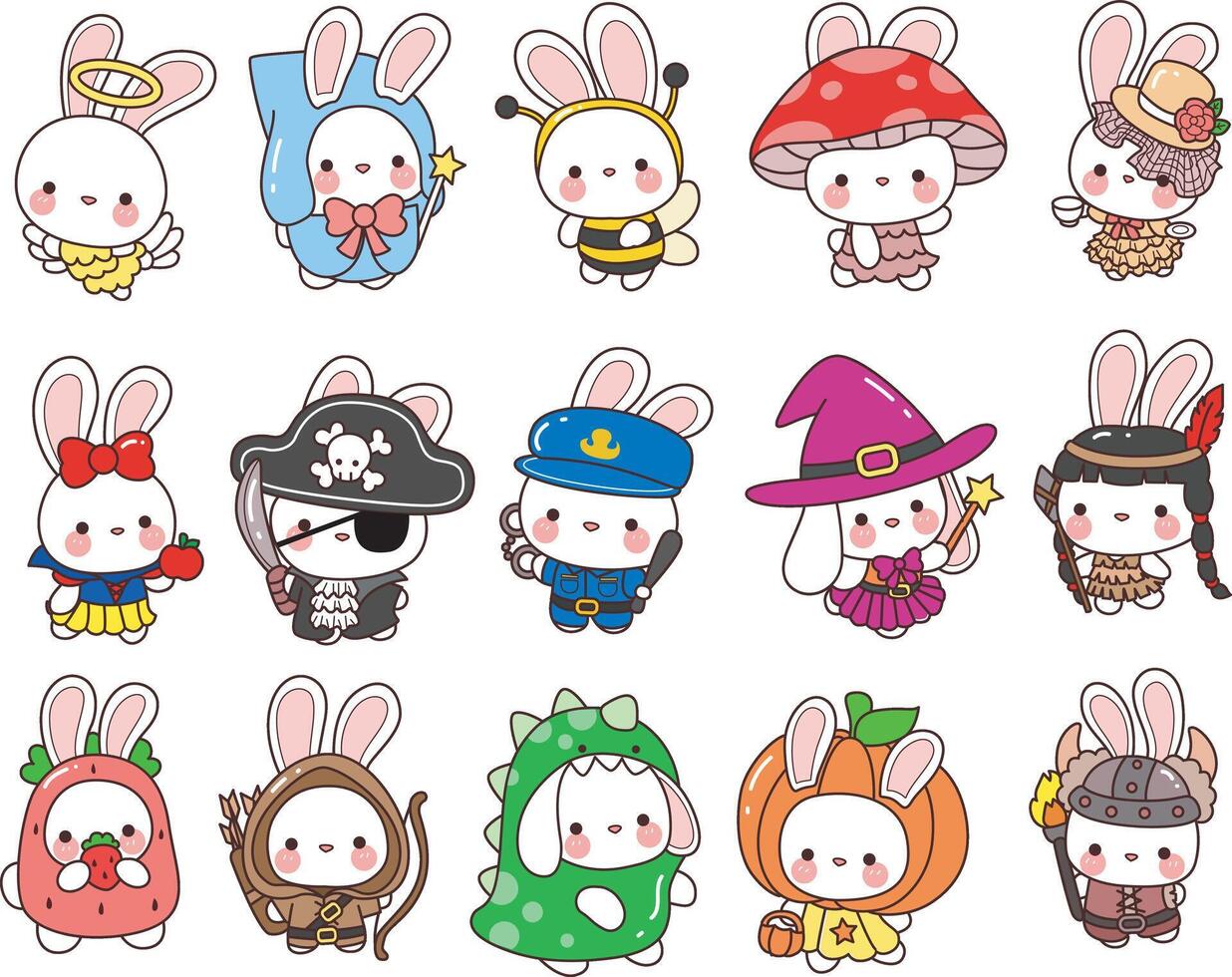 Illustration of cute bunny with costume. Funny bunny ehalloween outfit elements. Icon of bunny animal for sticker. vector