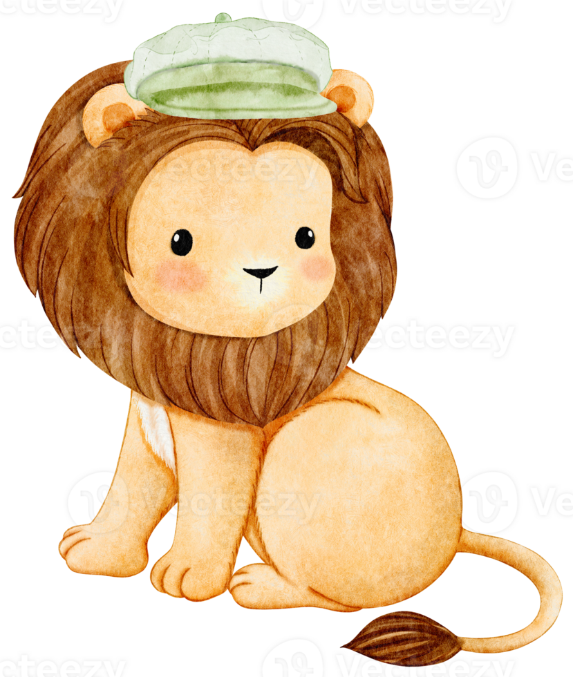 Watercolor Illustration cute baby lion sitting and wear green cap. Cartoon illustration for kids. Safari baby animal png
