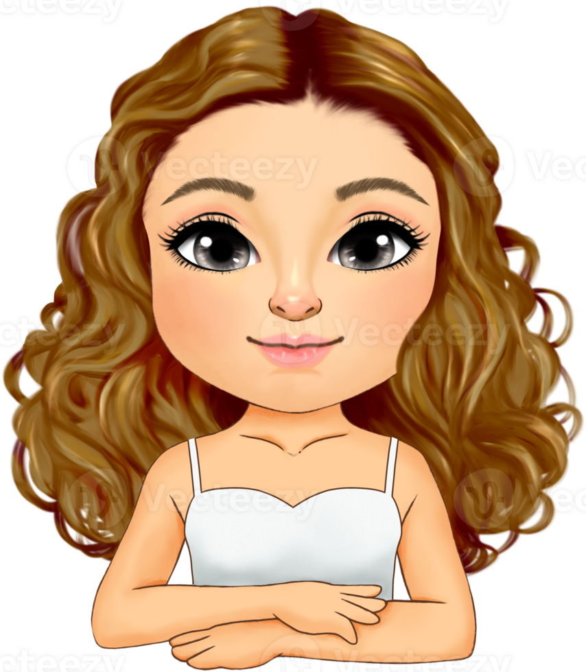 Cute woman with curly long hairstyle wearing white single strap outfit half body png