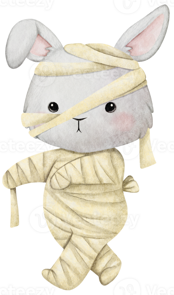 Watercolor Illustration Cute Rabbit Mummy Costume Cartoon with Halloween Animal Concept png