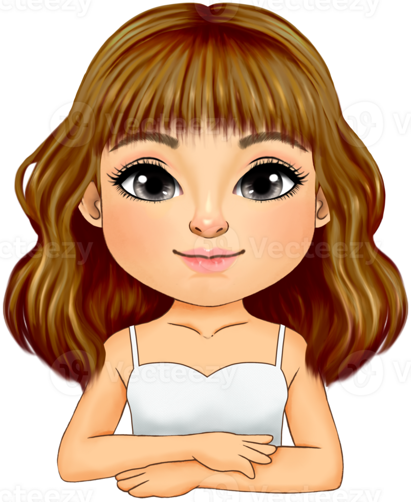 Cute woman with big curly long hair style wearing white single strap outfit half body png