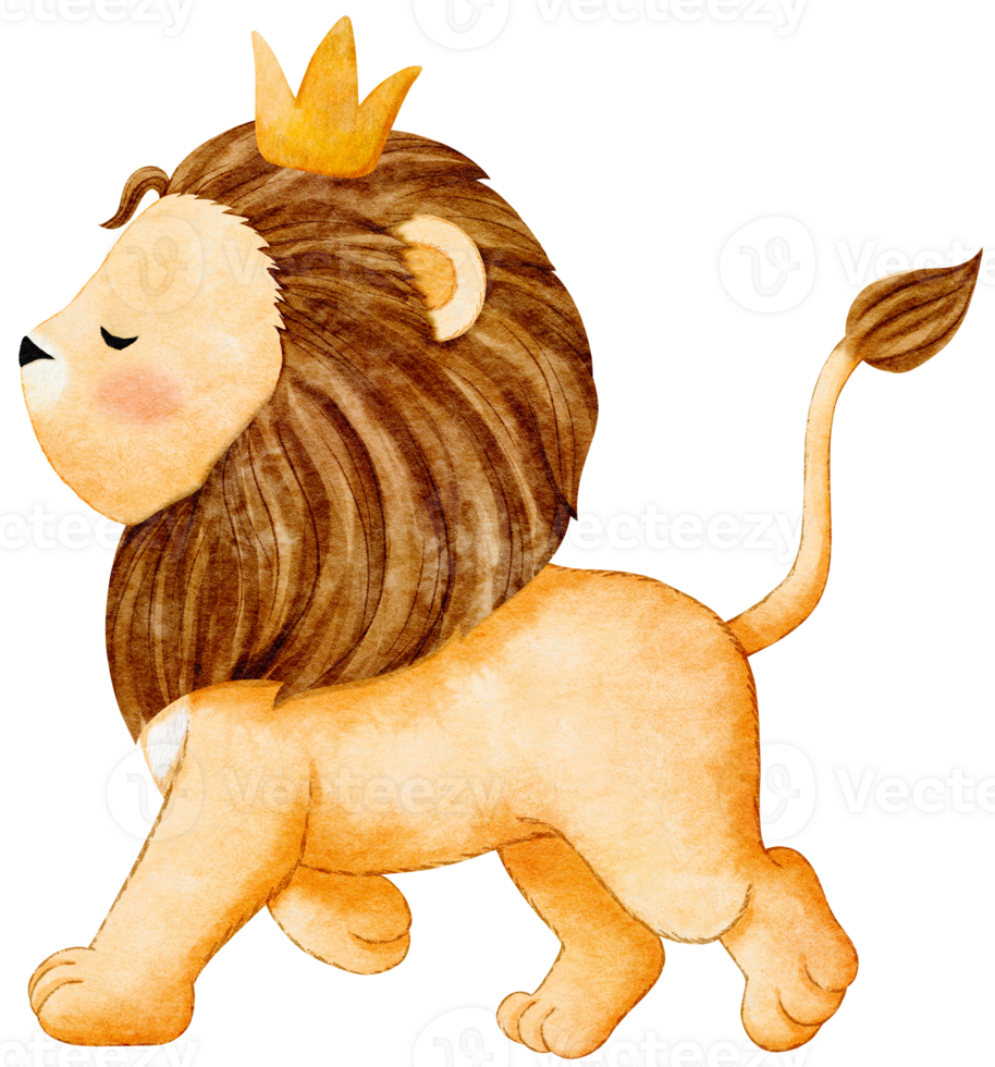 aguarela do bosque animal com leão vestindo uma dourado coroa para bebê berçário decoração png