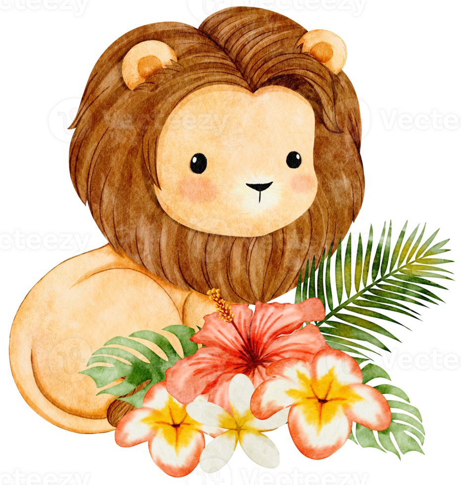 Watercolor Illustration cute baby lion sitting and bunch of flowers. Cartoon illustration for kids. Safari baby animal png