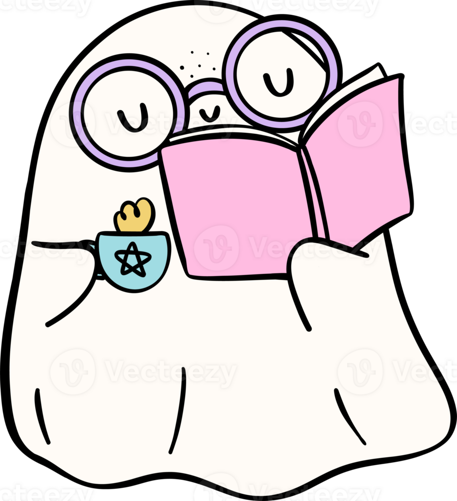 Bookish Ghost Reading Pastel Halloween Trendy Retro Groovy Cartoon Doodle png