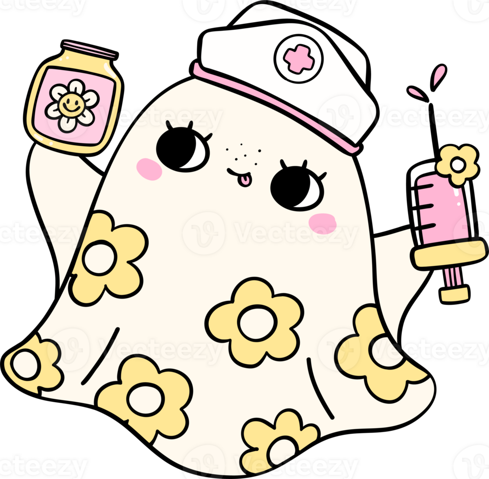 Pastel Halloween Ghost Nurse with pill and syringe png