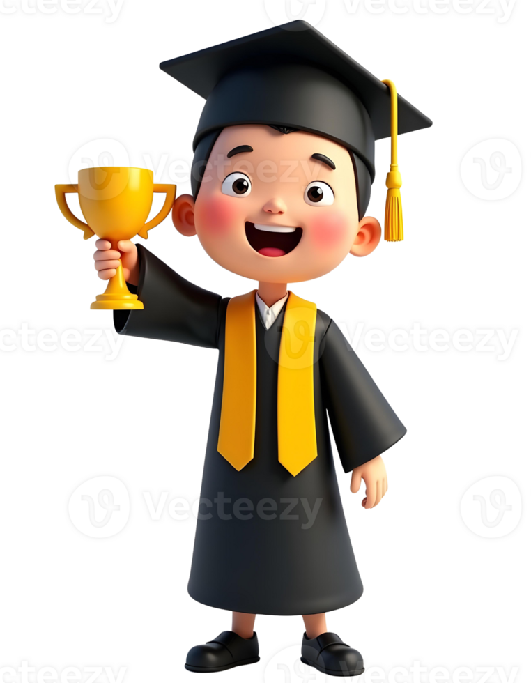 A cartoon boy in a graduation gown holding up a trophy png