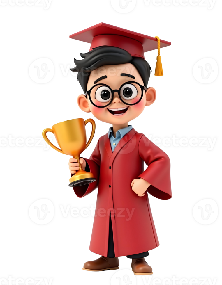 A cartoon boy in a graduation gown holding a trophy png