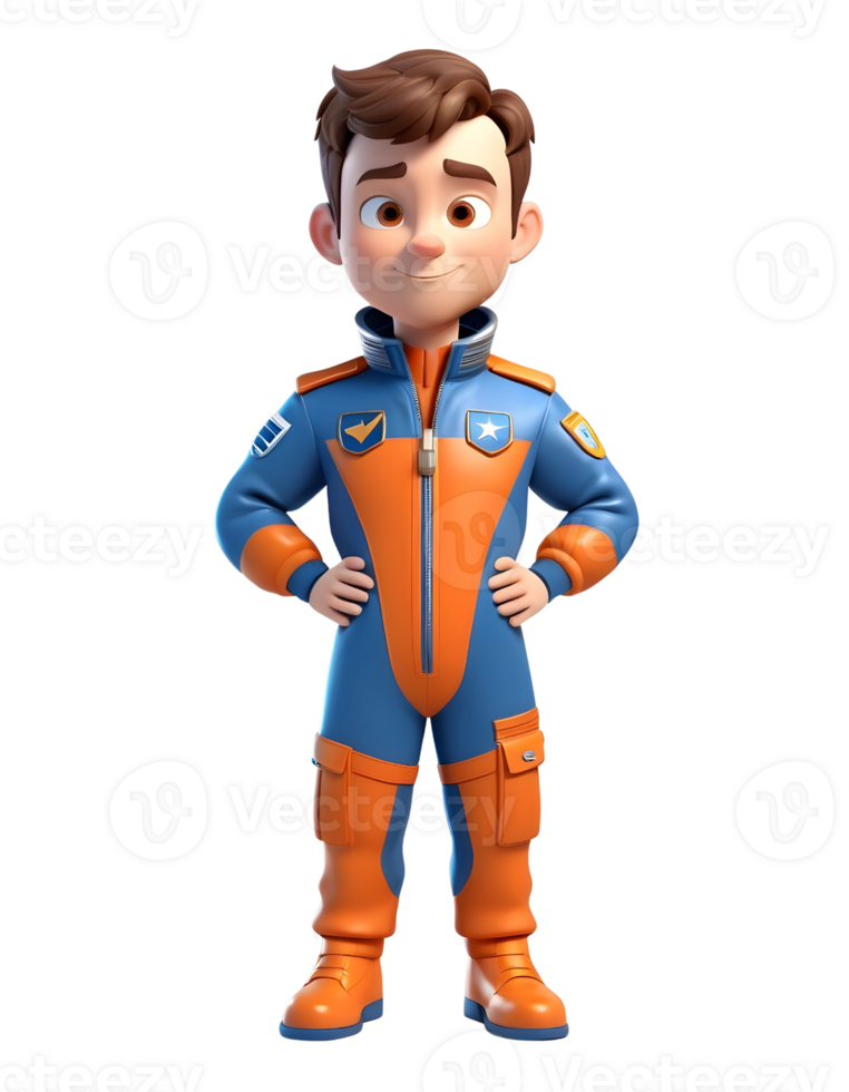 An animated character in an orange and blue space suit png