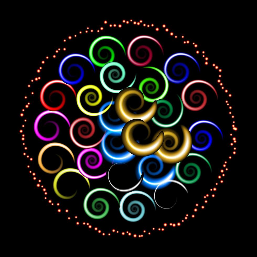 Illustration of a circle made of colorful swirls on a black background. vector
