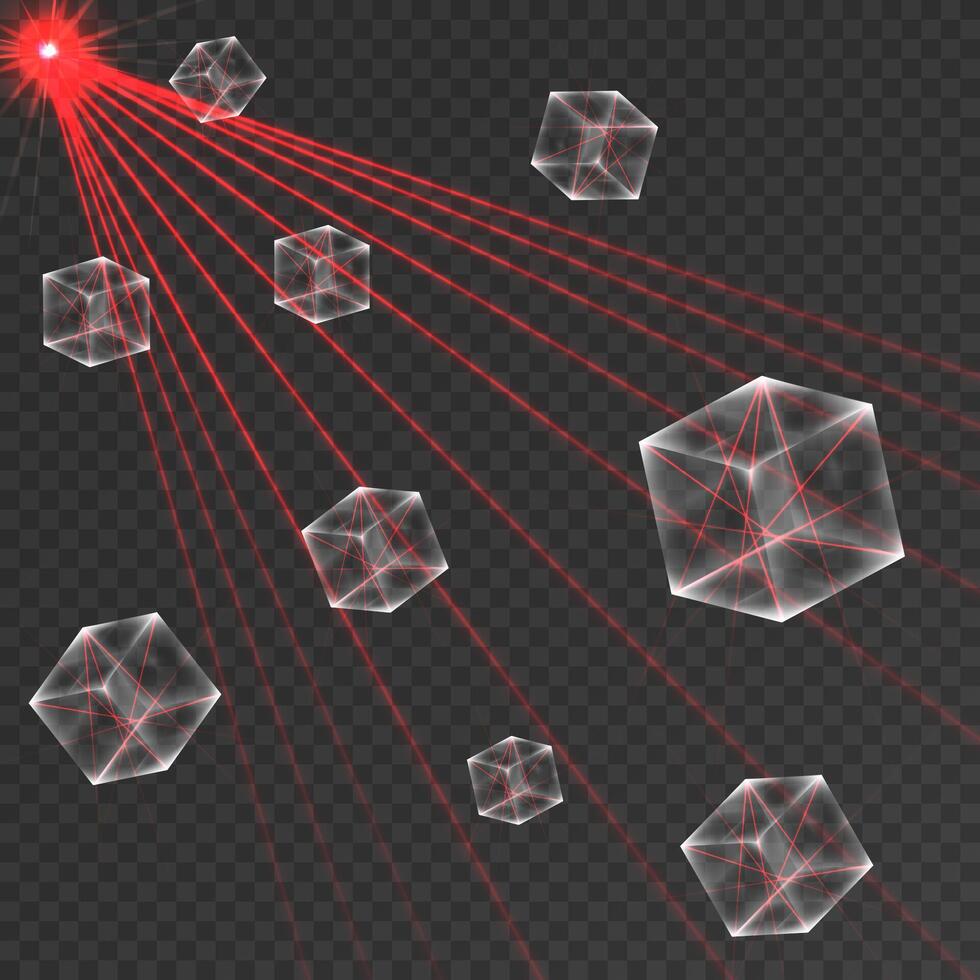 Set of transparent low polygonal geometric shapes with red rays vector
