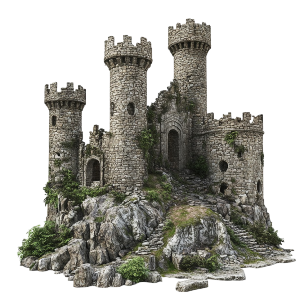 Ancient Castle on Rock with Stone Tower - Transparent Background. png