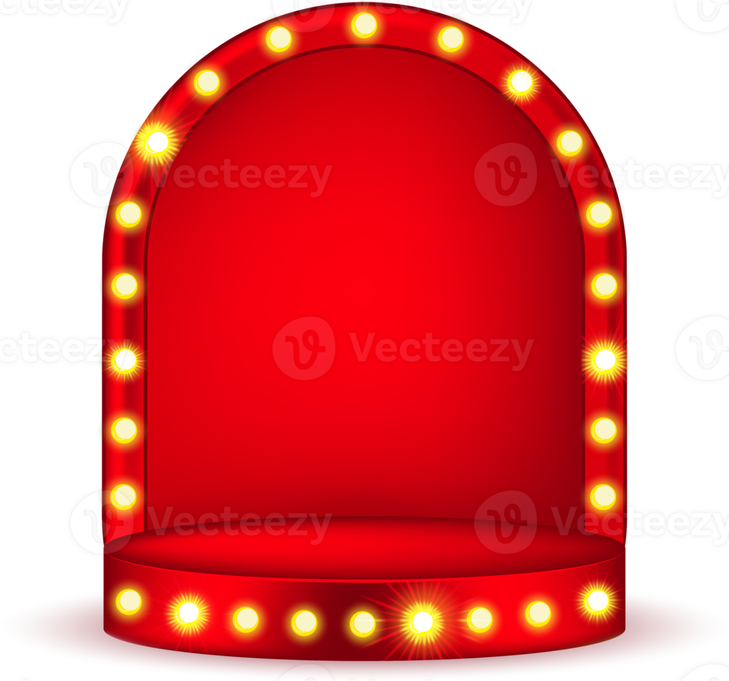 Red bulb light podium with arch for display product. Arc stage. Advertising beauty cosmetic or fashion marquee isolated showcase. Vintage lamp sparkle and glow png