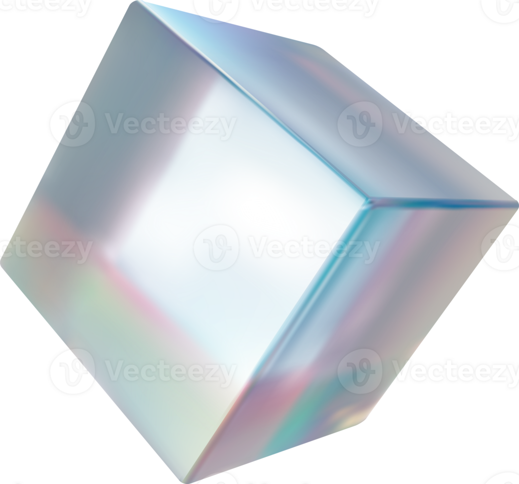 3d glass cube box with crystal dispersion effect. Abstract empty glassy square with prism holographic gradient. Isolated realistic translucent flying plexiglass object with light reflection png