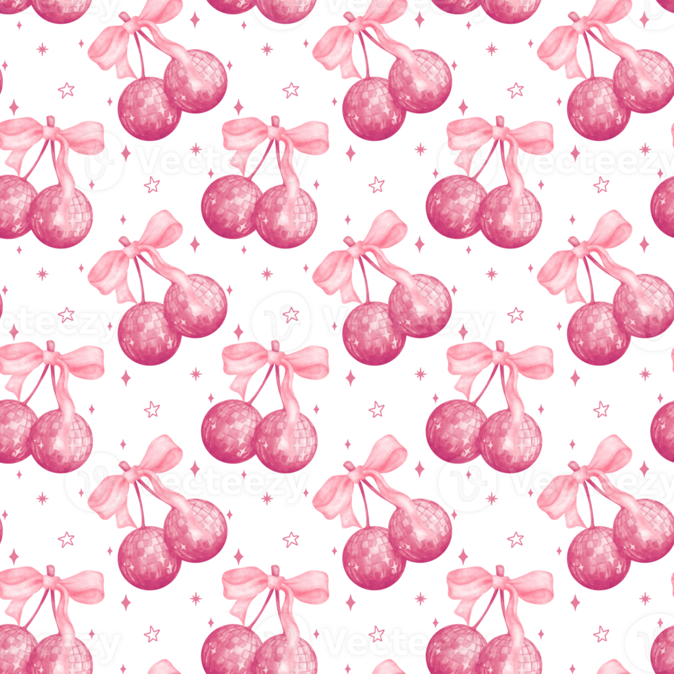 Retro Coquette Disco ball cherries pink ribbon bow Groovy Seamless Pattern Watercolor Holiday repeat background png