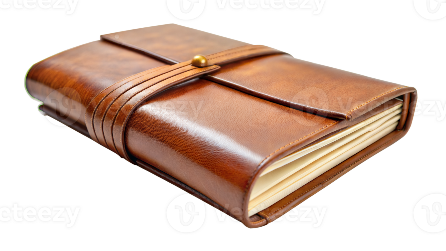 Angled view of a leather journal with a strap, isolated on transparent background png