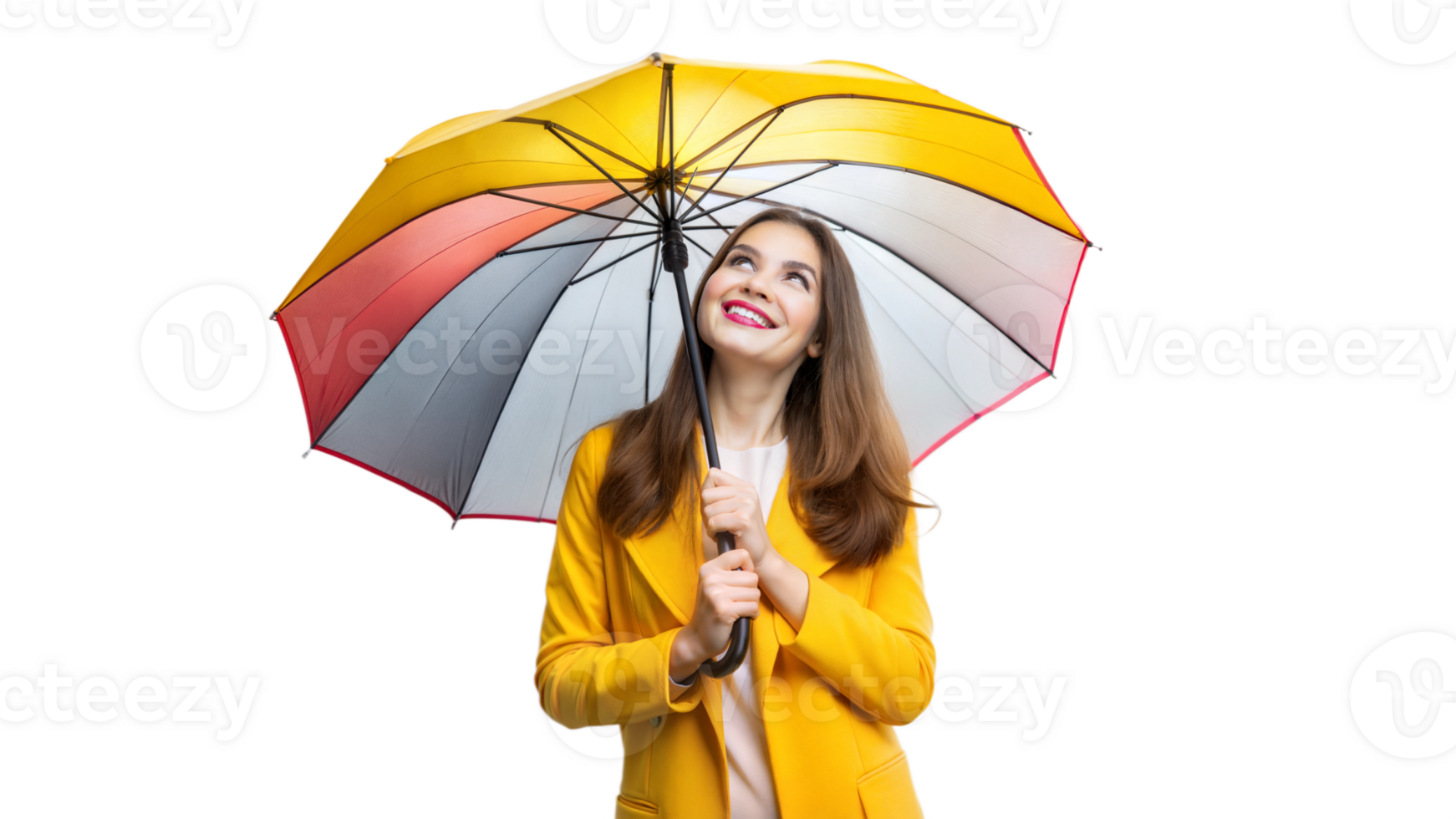 Smiling woman in yellow coat holding a colorful umbrella, staying cheerful in rain png