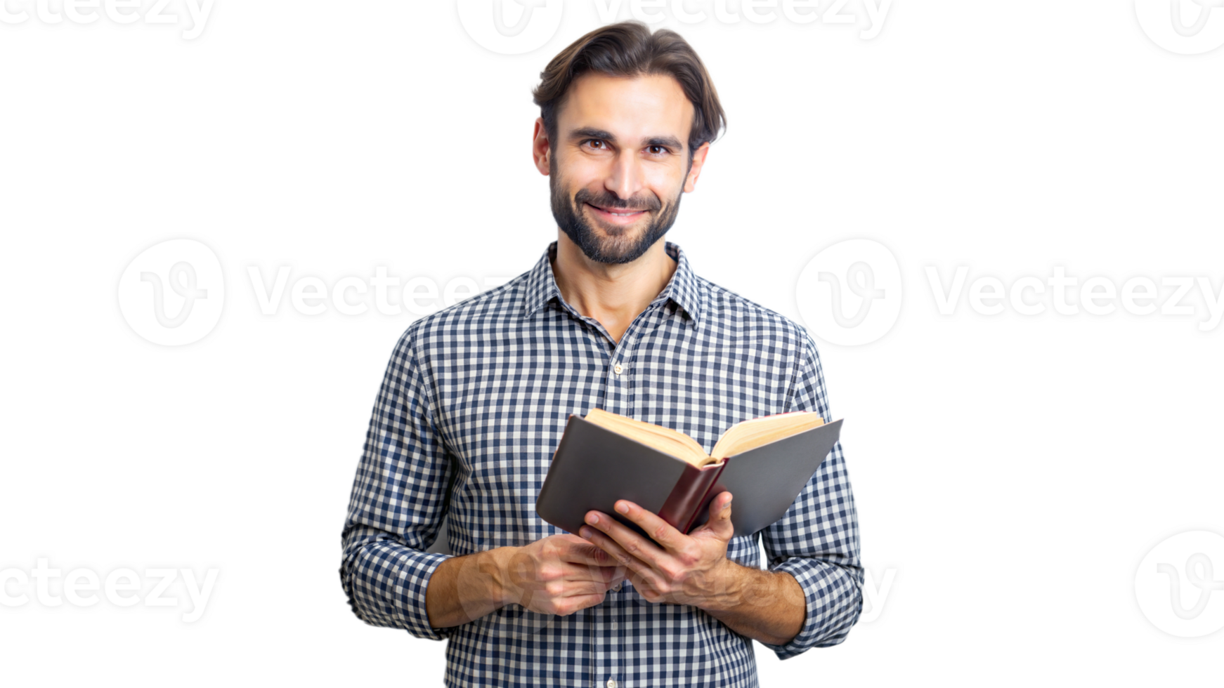 Man with a book, smiling casually and looking relaxed png