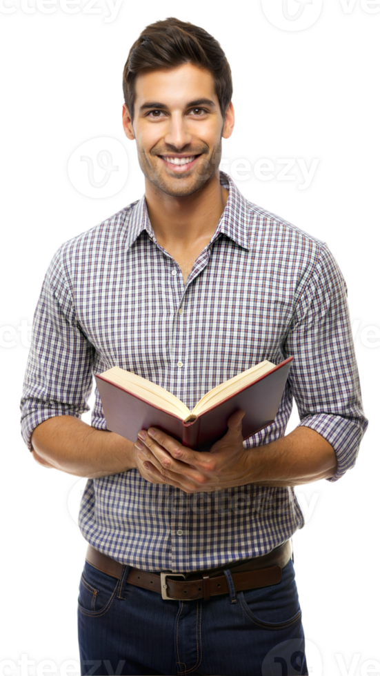 Man smiling while holding an open book, ready to read png