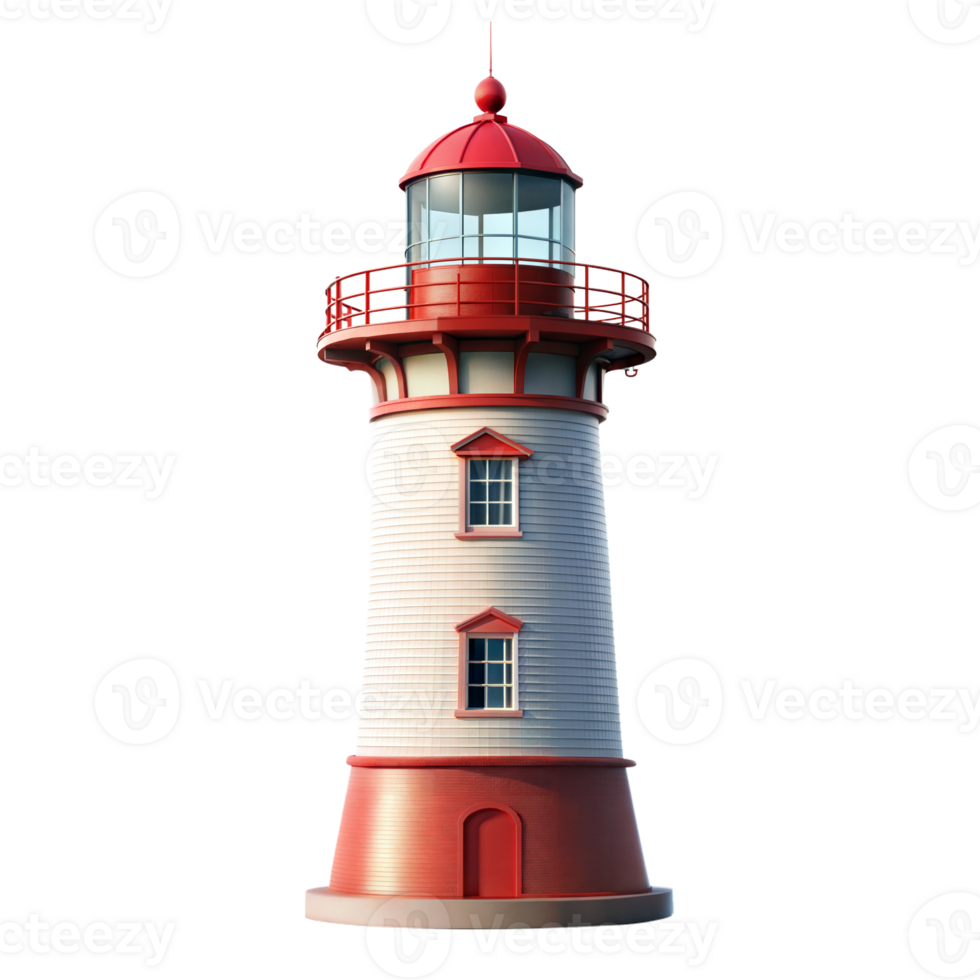 Tall lighthouse with a red roof, white walls, isolated on tranparent background png