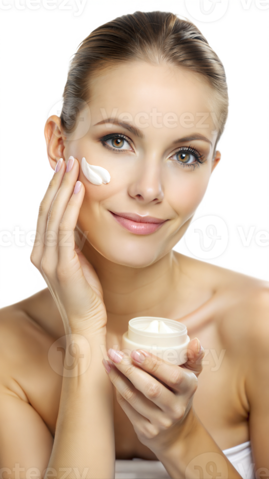 Smiling woman holding a small skincare container, showcasing beauty product png