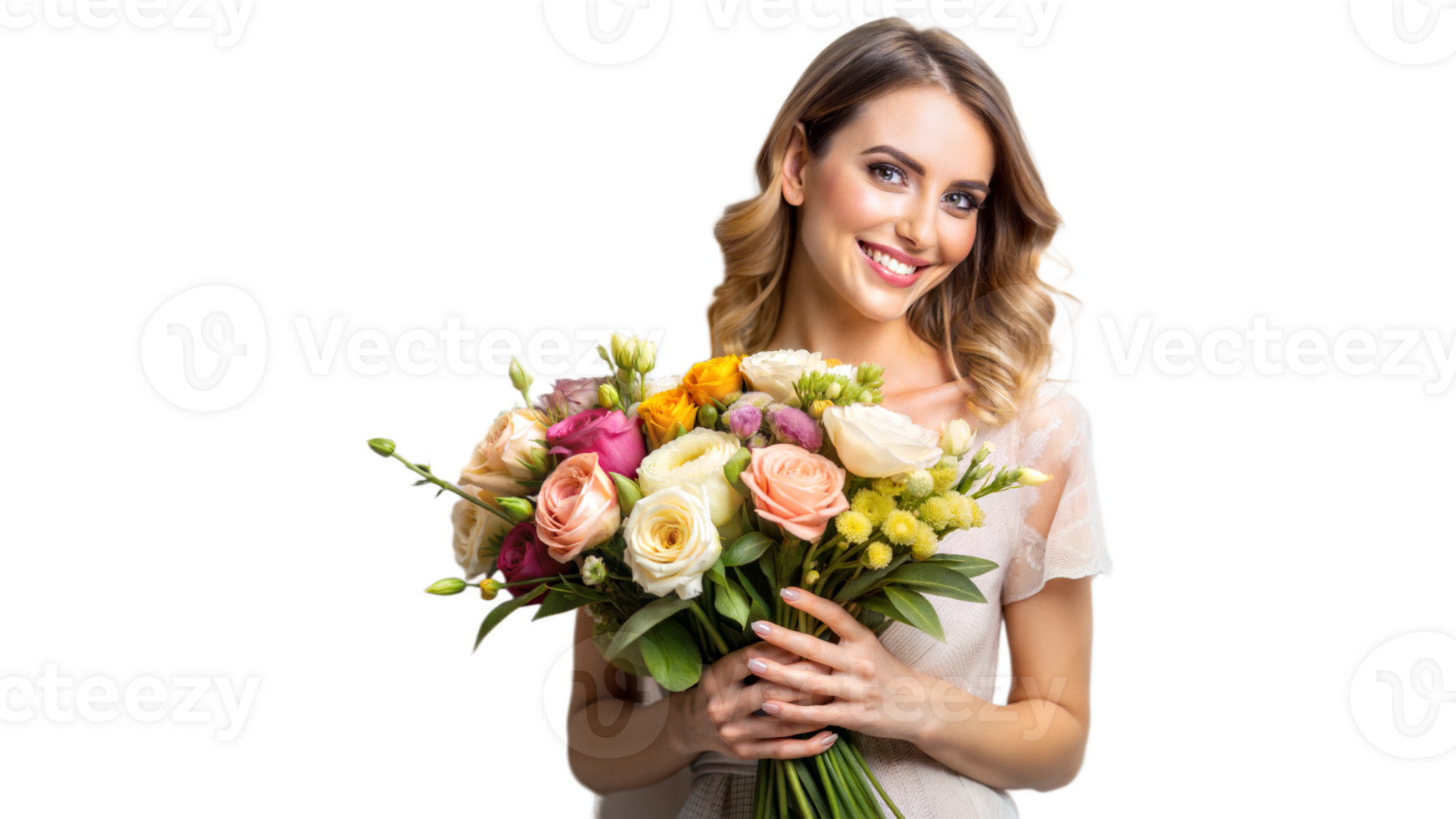 Woman smiling and holding a bouquet of flowers, exuding happiness png